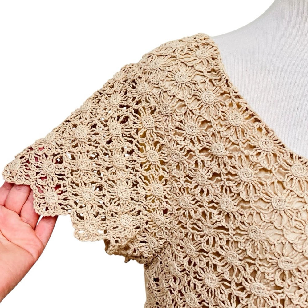 Flint & Moss Beige Tan Crochet Bohemian Short Sleeve Top Women's Size XL - Picture 2 of 7
